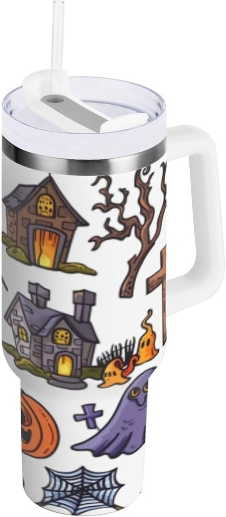 30 oz Tumbler With Handle and Straw Lid, Stainless Steel Vacuum Insulated Tumbler for Water, Iced Tea or Coffee, Easy to Clean (Halloween Grimace)