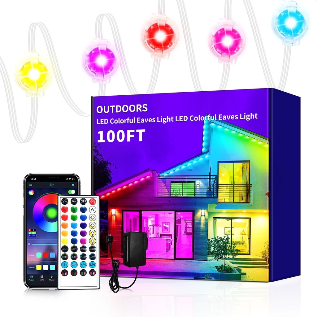 Permanent Outdoor Light,100ft RGB Eave Lights with App Control Remote,IP67 Waterproof LED Lights,Music Sync Outside Light for Christmas,Halloween,Garden,House Decorations