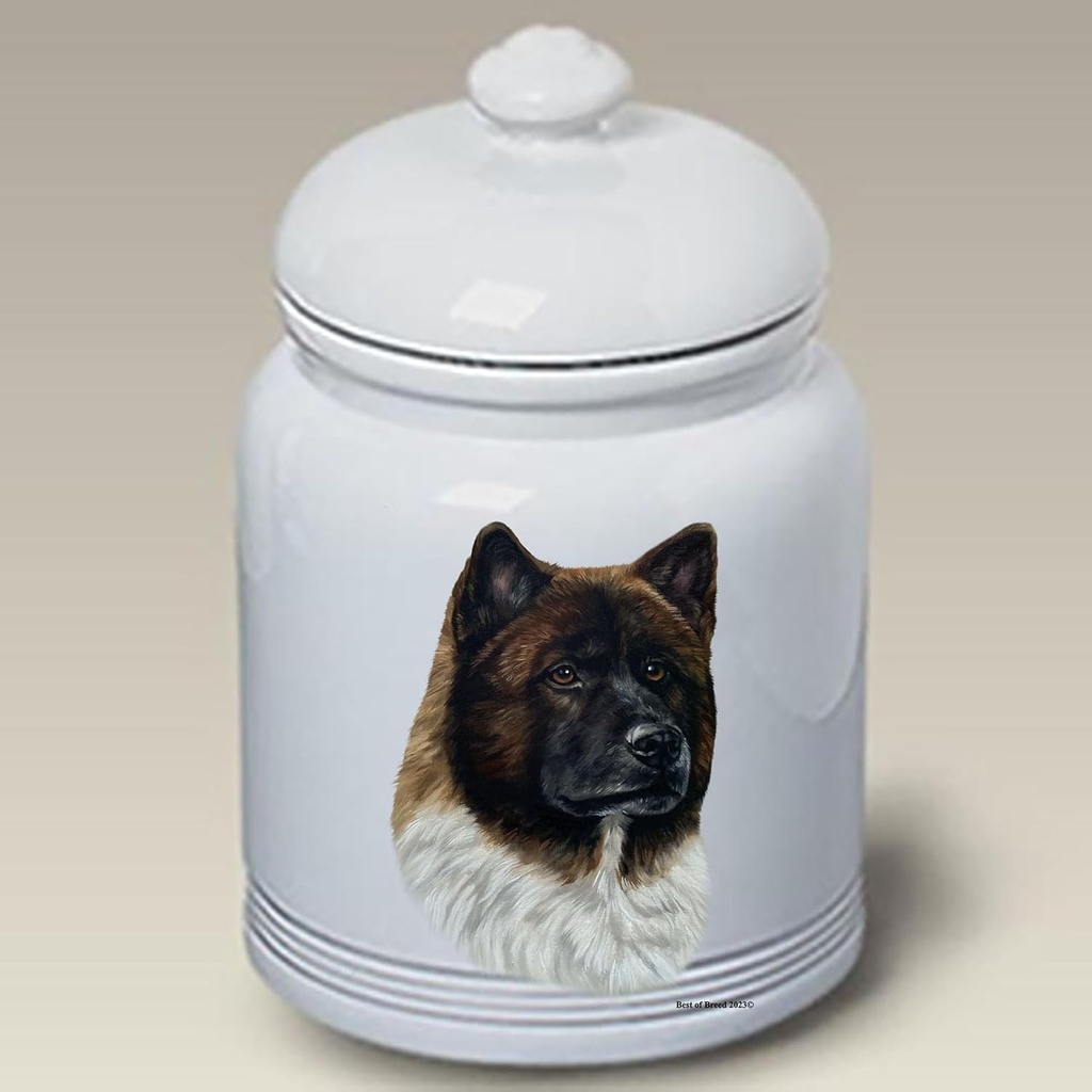 Akita - Best of BreedDog and Cat Ceramic Treat Jar 9" Tall Air Tight Seal All White