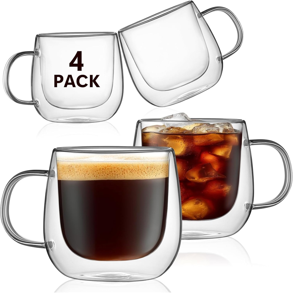 4 Pack Double Walled Glass Coffee Mugs, 16 oz Large Insulated Clear Coffee Cups with Handle, Cappuccino Mug for Espresso, Latte, Americano, Tea Bag, Beverage, Heat & Cold Resistant