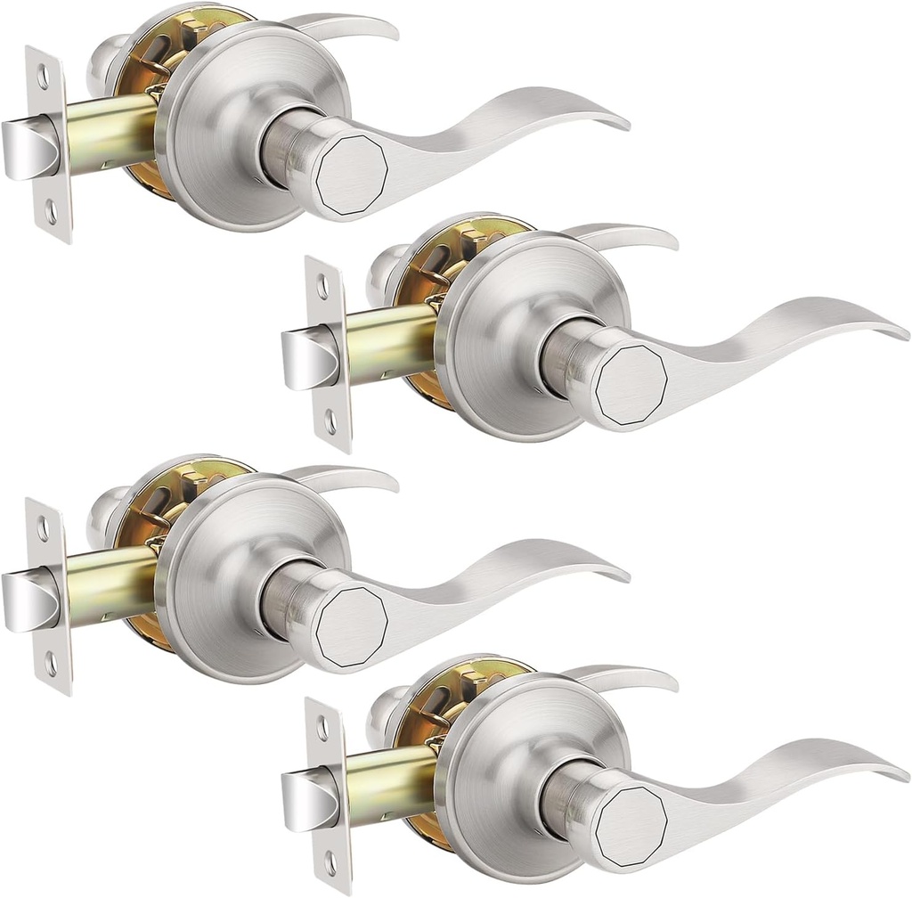 Contemporary Satin Nickel Passage Modern Door Lever Hardware (Hallway/Closets), Keyless Unlocking Wave Style Drop Interior Door Handle Set, Home or Office Use, Reverisable Door Locks 4 Pack