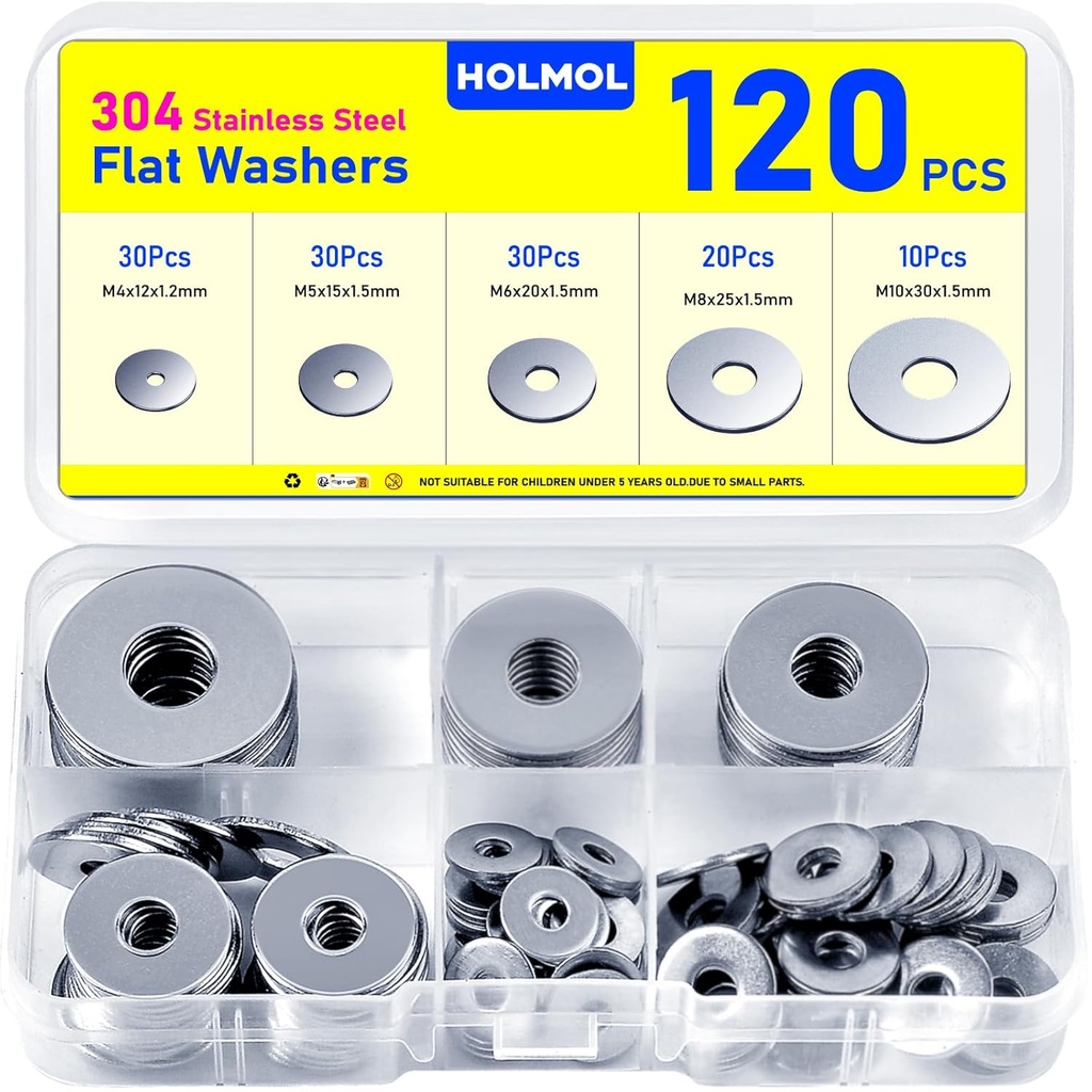 120PCS Washers for Screws, HOLMOL Stainless Steel Flat Washer Assortment with 5 Sizes M4 M5 M6 M8 M10, Metal Assorted Large Washer Set, Washers for Bolts