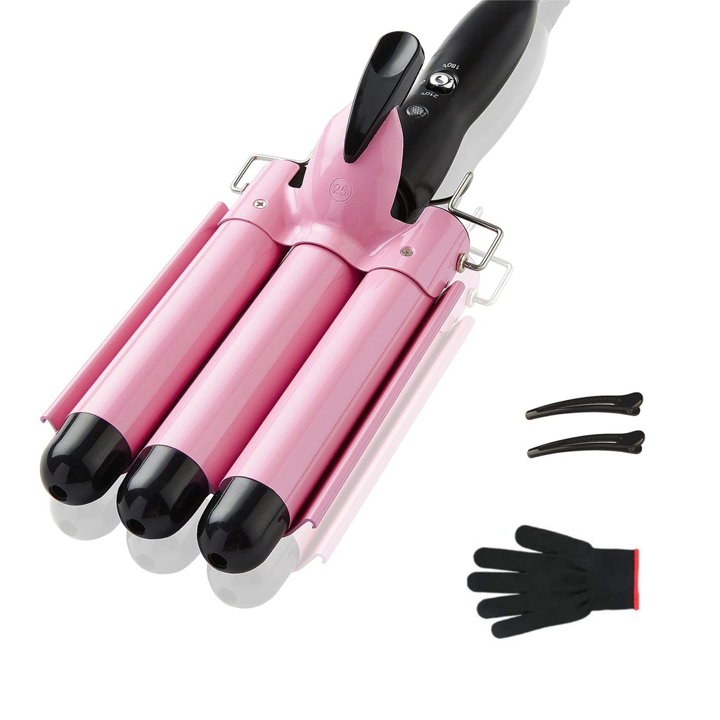 TOP4EVER 3 Barrel Curling Iron, 1 inch Crimper Hair Tool,Crimping Waver for Women Beach Waves with Two Temperature Settings, Pink