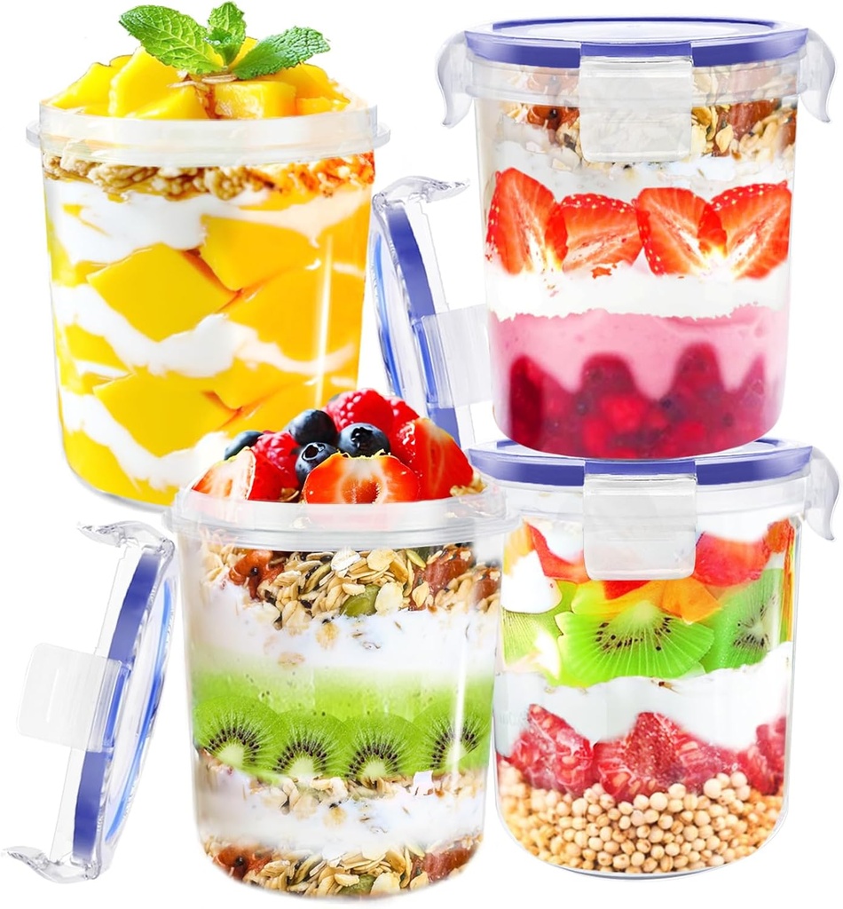 Szsrcywd 4 Pcs Overnight Oats Containers with Lids,16 oz Plastic Oatmeal Prep Container Jars,Reusable Cereal Yogurt Fruit Storage Cups for Breakfast Lunch Picnics