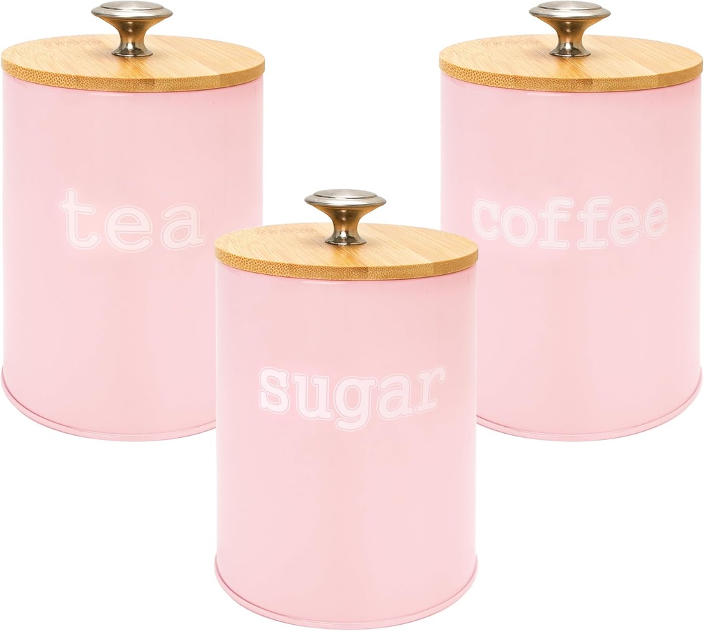 3PCS Pink Kitchen Canister Set 6.1" x 3.7" Matte Condiment Pot Metal Tin Jar Container with Bamboo Airtight Lid to Store Dry Food Spices Coffee Tea Sugar Storage Accessories for Bar Counter Farm House