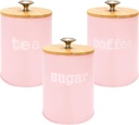 3PCS Pink Kitchen Canister Set 6.1" x 3.7" Matte Condiment Pot Metal Tin Jar Container with Bamboo Airtight Lid to Store Dry Food Spices Coffee Tea Sugar Storage Accessories for Bar Counter Farm House