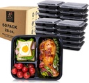 Meal Prep Containers Reusable 3 Compartment [50 Pack] 28oz To Go Food Containers with Lids Microwave/Dishwasher/Freezer Safe, BPA-free Plastic Disposable Bento Box (Black)