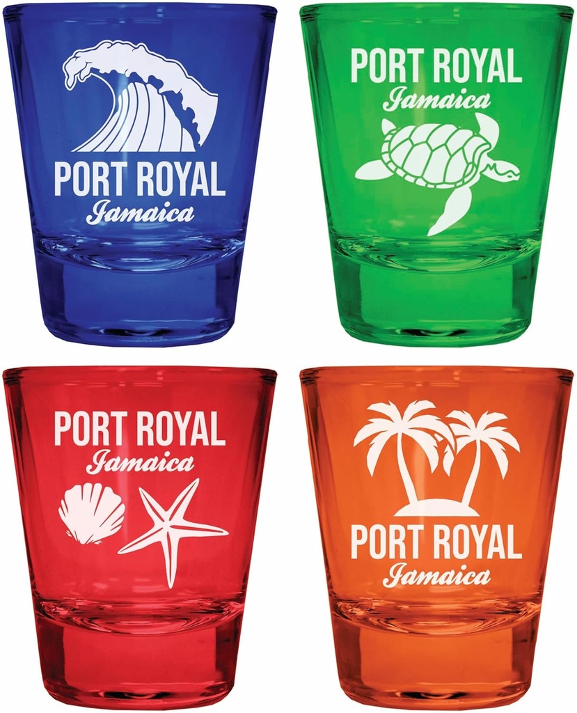 R and R Imports Port Royal Jamaica Souvenir 4-Pack Multicolor Engraved Round Shot Glasses Beach Set