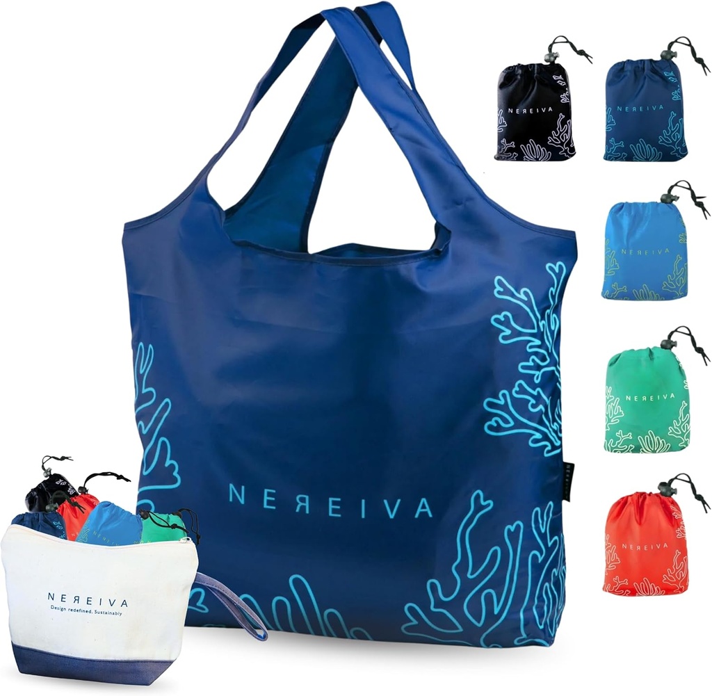 5 Pack Foldable Grocery Bags into Tiny Pouch - Large Capacity Multi-Color, Great for Travel, Durable, Washable Packable Shopping Bag, Comes with a carry pouch, Lightweight