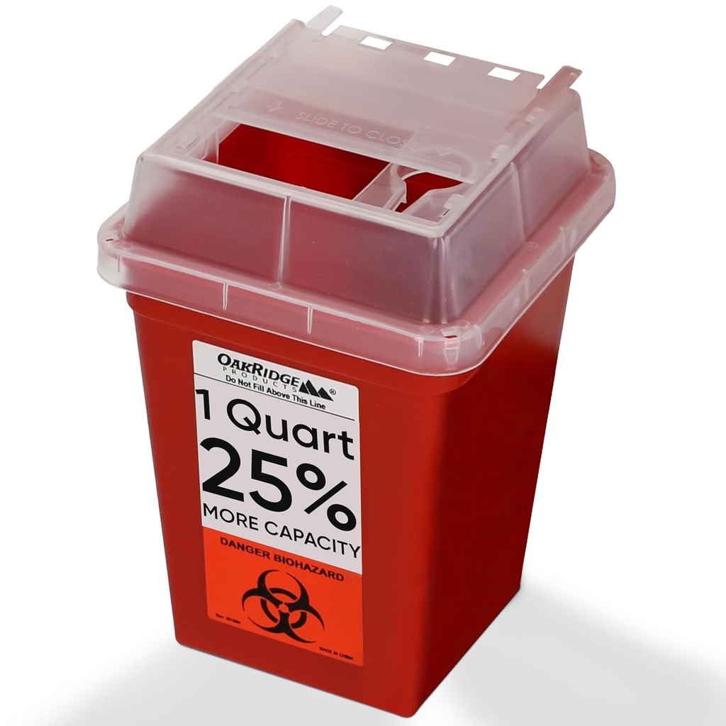 Oakridge Products Sharps Container for Home Use and Professional 1 Quart, Biohazard Needle and Syringe Disposal, Small Portable Container for Travel, CDC Certified
