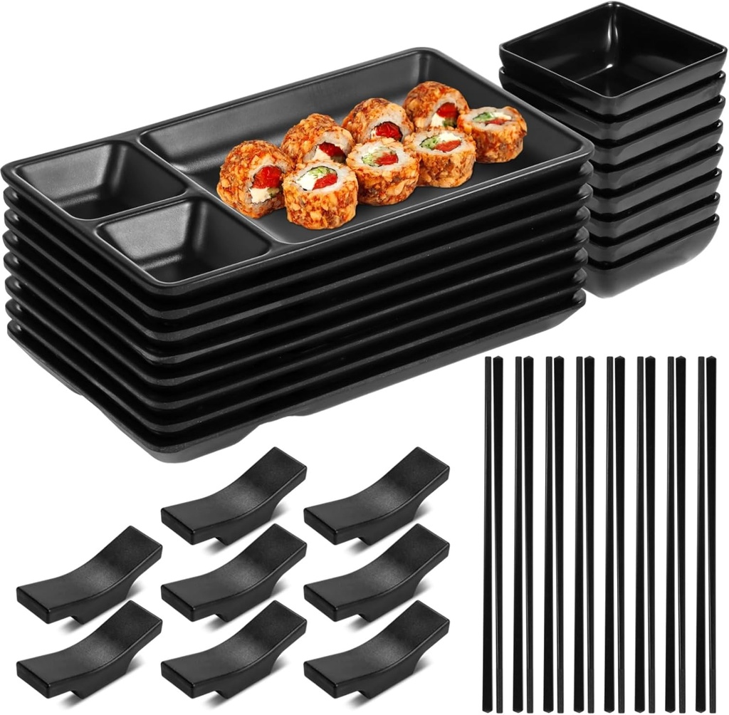 8 Sets Sushi Plate Set Includes 8 Sushi Plates, 8 Soy Sauce Bowls, 8 Chopsticks, 8 Chopstick Holders, Japanese Dinnerware Set Sushi Serving Set