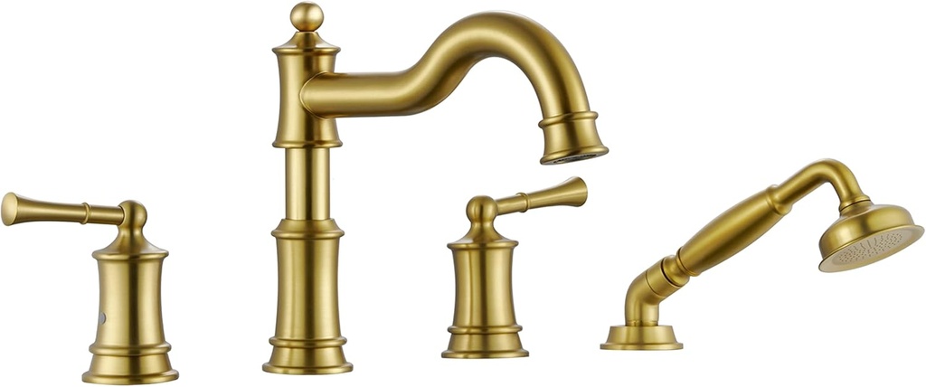 Roman Bathtub Faucet Set With Hand Shower 4 Hole Deck Mount Tub Filler With Diverter, 2 Lever Handle Rough-in Valve and Water Supply Lines Included for Bathroom Tub, Brushed Gold