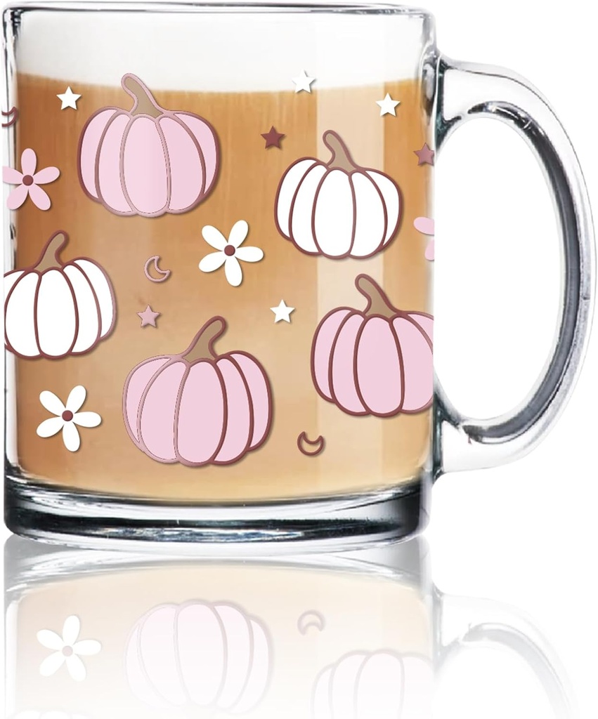 Whaline Fall Glass Coffee Mugs with Handle Pink White Pumpkin Star Flower Coffee Cups Autumn Thanksgiving Drinking Glasses for Iced Coffee Soda Cocktail, 12oz