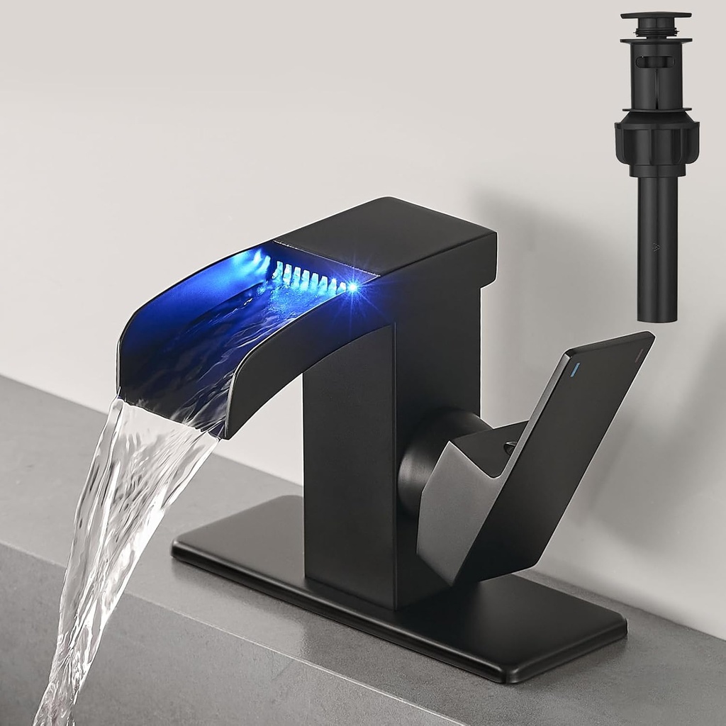 Matte Black LED Waterfall Bathroom Faucet, Single Hole Bathroom Sink Faucet, 3 Colors Light Changing Single Handle Vanity Faucets with cUPC Supply Lines, Stainless Steel