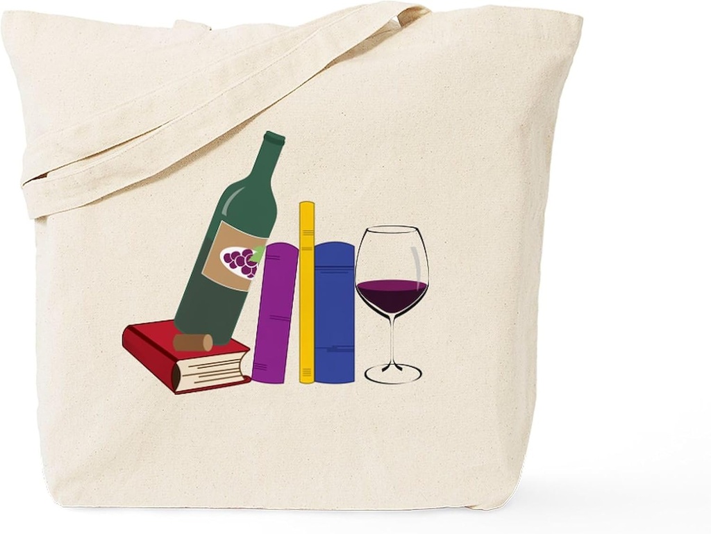 CafePress Books And Wine Tote Bag Reusable Natural Beige Canvas Shopping Bag