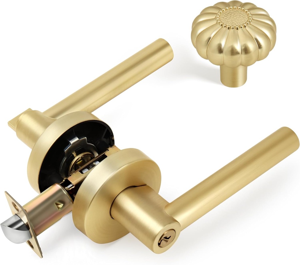 Round Design Heavy Duty Gold Interior Door Lever, Keyed Entry Door Handle with Lock, Pumpkin Shape Cabinet Knobs for Kitchen/Closet/Cupboard/Bathroom