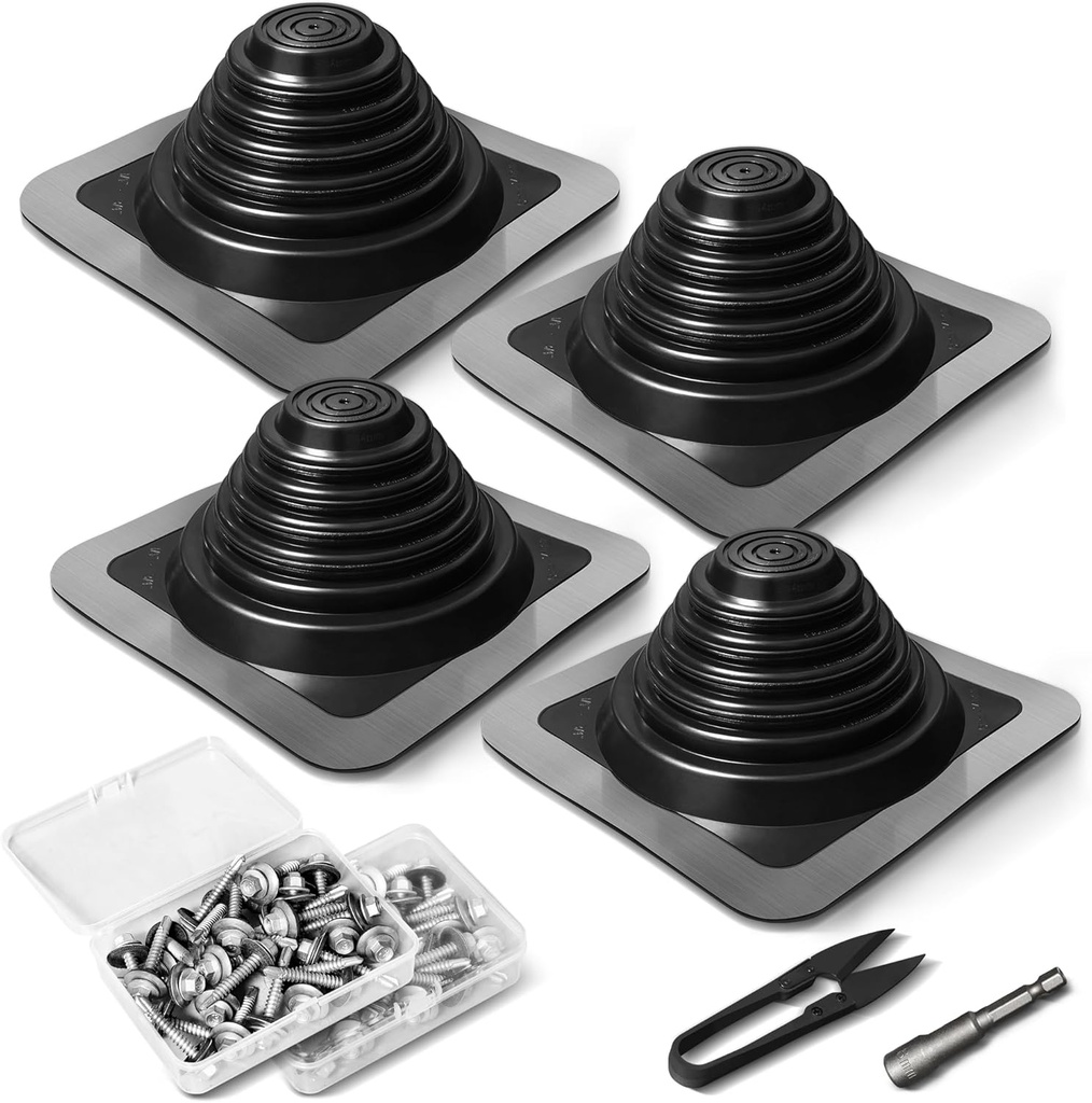 #3 Metal Roof Vents Flashing, Roofing Boots Kit for Houses Fits Pipe Od 1/4" to 5-3/4", Epdm Flexible Roof Jacks for Roofing, Roofing Screws & Hex Socket and Scissors Included - 4 Pcs