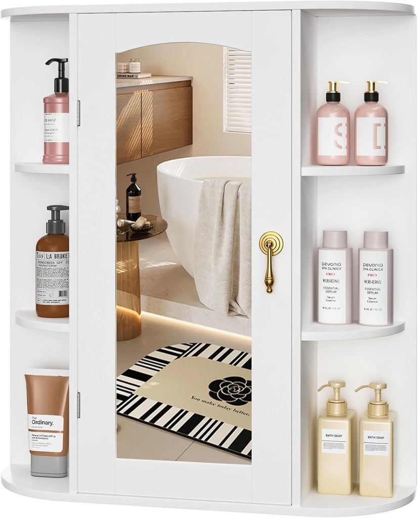 VECELO Bathroom Wall Cabinet with Mirror, Wall Mounted Medicine Cabinets with Door and 6 Open Shelves, Inner Adjustable Shelf, White