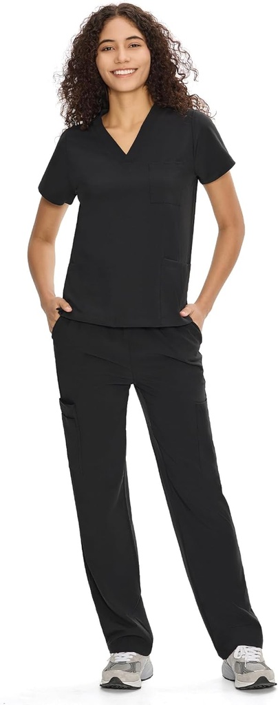 COZYFIT Scrubs for Women Set Medical Uniform - V-Neck Top & Straight Leg Pants with 9 Pockets, Unisex Workwear