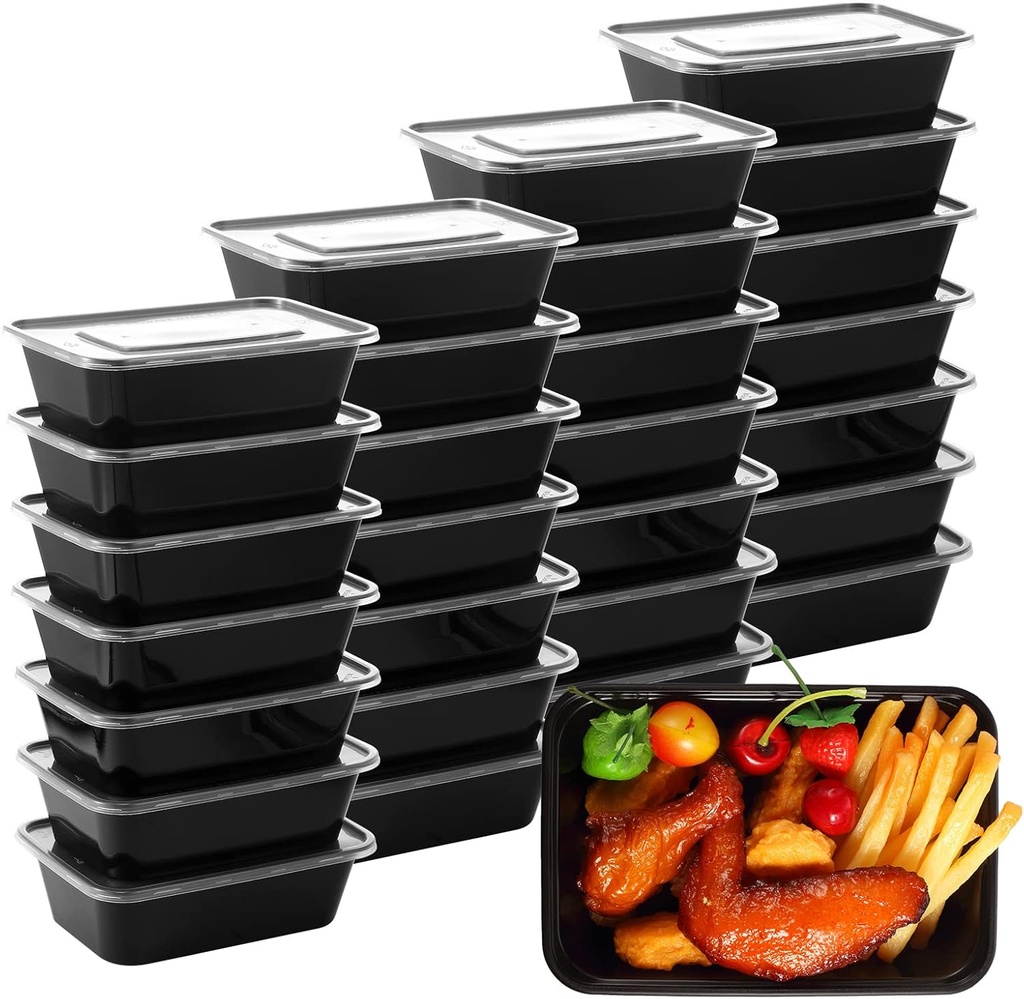 Sawysine 100 Pcs Plastic Meal Prep Containers Food Storage Containers Reusable Lunch Bowls with Lid Stackable Disposable Lunch Boxes 1 Compartment Bento Box(Black,26 oz)