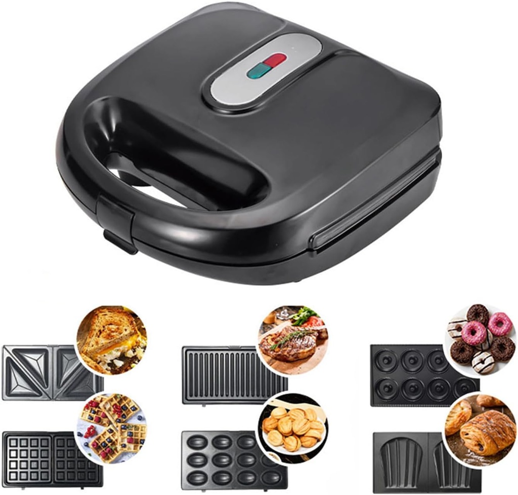 6-in-1 Waffle Iron, Panini Press Grill and Electric Sandwich Maker Set with Removable Non-Stick Plate, Ideal for Cooking Grilled Cheese, Tuna Melts, Burgers, Steaks and Snacks, Black