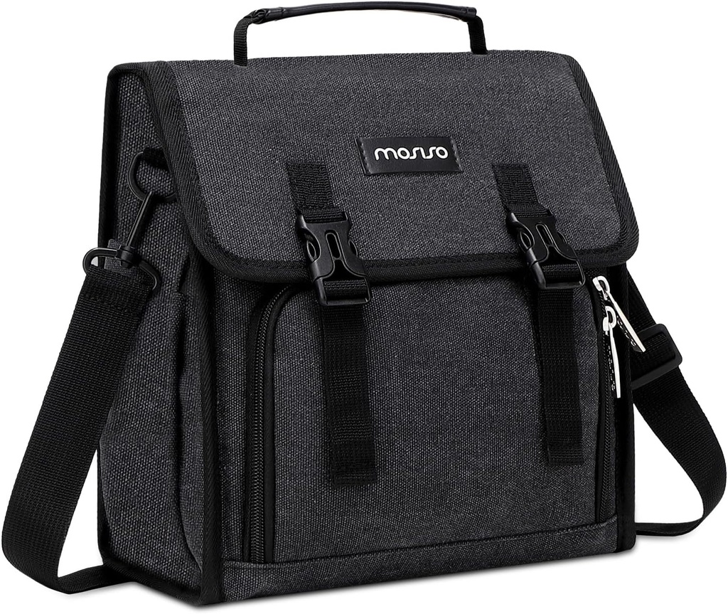 MOSISO Lunch Bag, Insulated Lunch Box for Women Men, Large Capacity Tote Bag, Reusable Leakproof Flapover Cooler with Front Pocket & Shoulder Strap for Office, Work, Travel, Picnic, Beach, Black