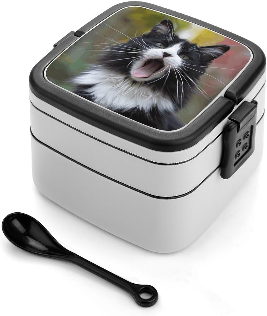 All-in-One Bento Box Stackable Leak-Proof Lunch Box With Carry Handle 2 Layer Portable Meal Prep Container Black And White Cat Lunchbox with Utensils for Dining Out Work