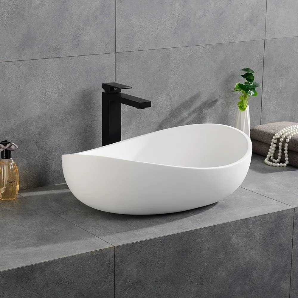 Bathroom Sink, 22" Oval Vessel Bowl Sink Stone Resin Modern Artistic Design for Vanity Countertops Matte White with Pop Up Drain (Glossy White)