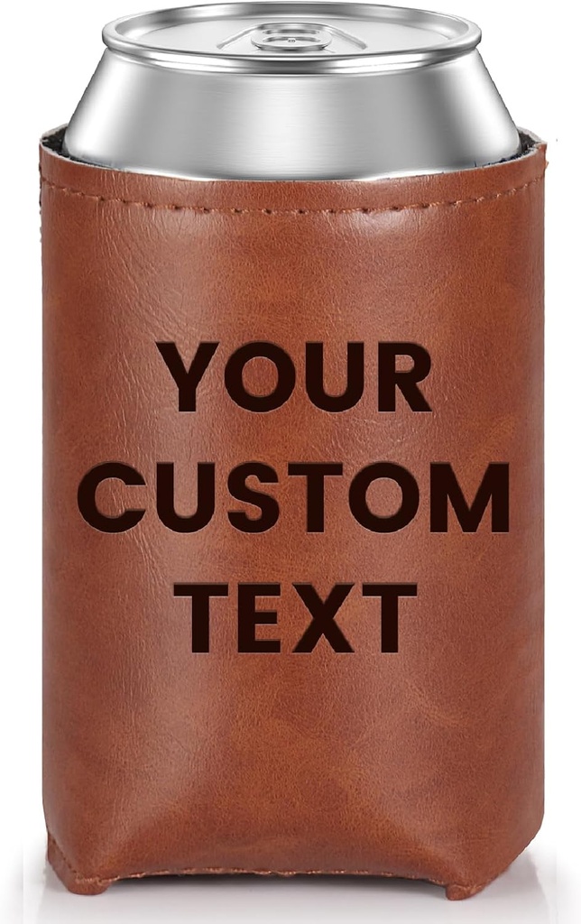 Personalized Can Cooler Sleeve, Leather Can Holder Sleeve, Custom Text and Logo, Gift for Men, Fathers Day, Birthdays, Weddings, Graduations, Corporate Events (Brown)