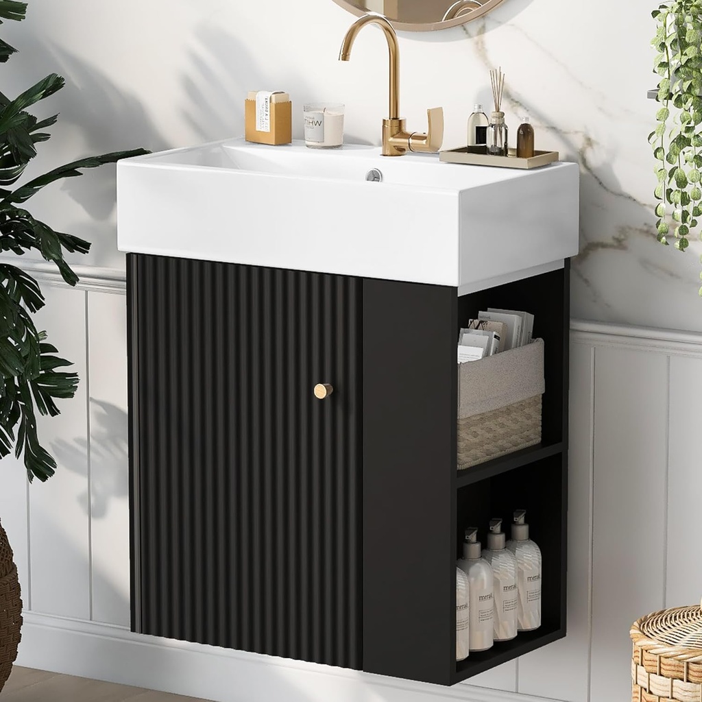 22 Inch Floating Bathroom Vanity with Sink, Wall Mounted Bathroom Vanity Cabinet with Ceramic Sink, Small Bathroom Sink Cabinet with Right Side Storage, Modern Single Sink Bathroom Vanity, Black