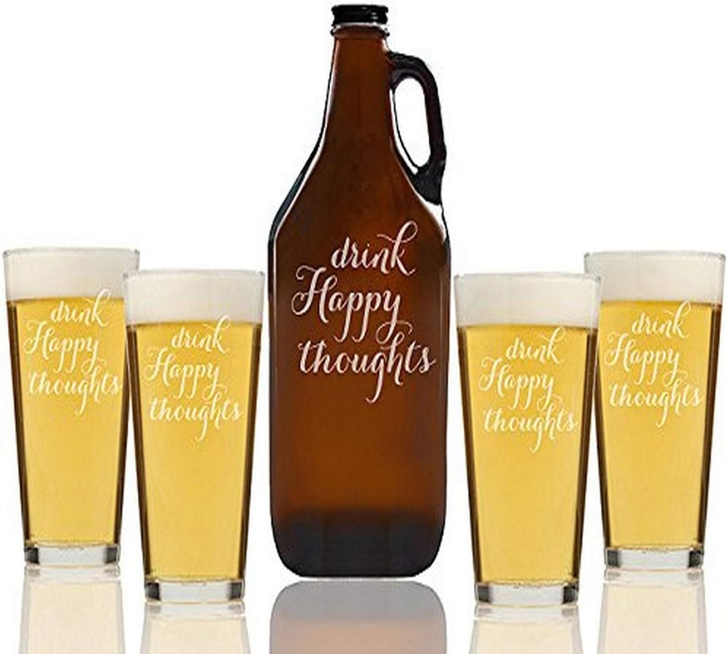 "Drink Happy Thoughts" Beer Amber Growler & pint Glasses, Set of 5