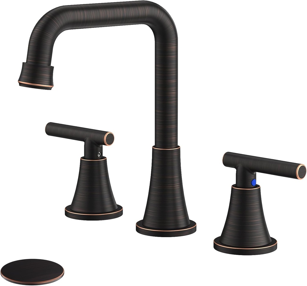 Bathroom Faucet 3 Hole, Oil Rubbed Bronze Sink Faucet with Drain Assembly and Supply Lines, Square Spout Widespread Bathroom Faucet for Bathroom Vanity RV Outdoor