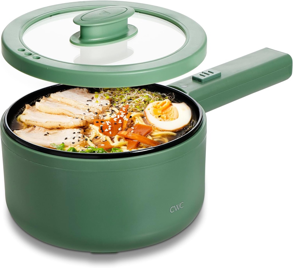 COOK WITH COLOR Electric Hot Pot, 1.6L Mini Cooker, 700W Power, Non-Stick Surface, Thermal Cut-Out Protection, Perfect for Rice, Noodles, Soups, Stews, Dorms, Apartments, and Small Kitchens, Dark Sage