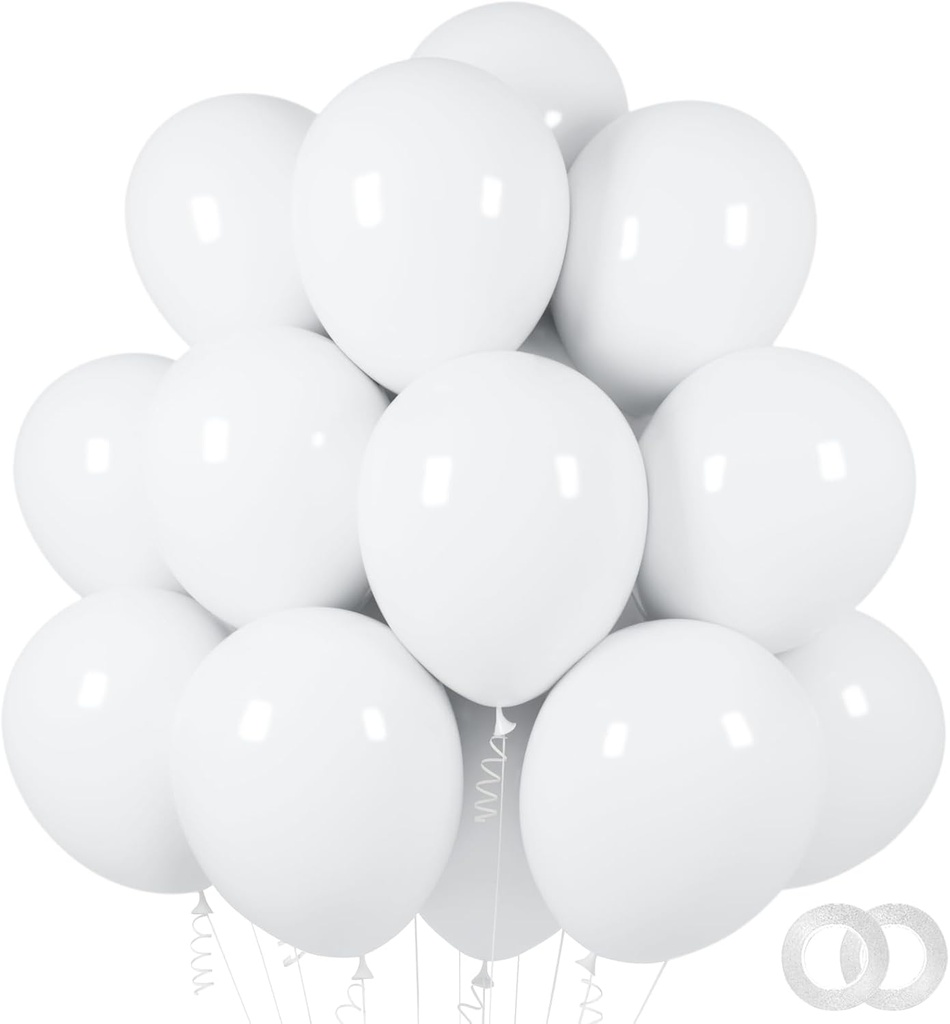 ASIYUHY White Balloons 100 Pack 12 Inch White Latex Party Balloons with 2 Rolls of Ribbon Helium Balloons for Wedding Birthday Party Baby Shower Engagement Anniversary Decorations