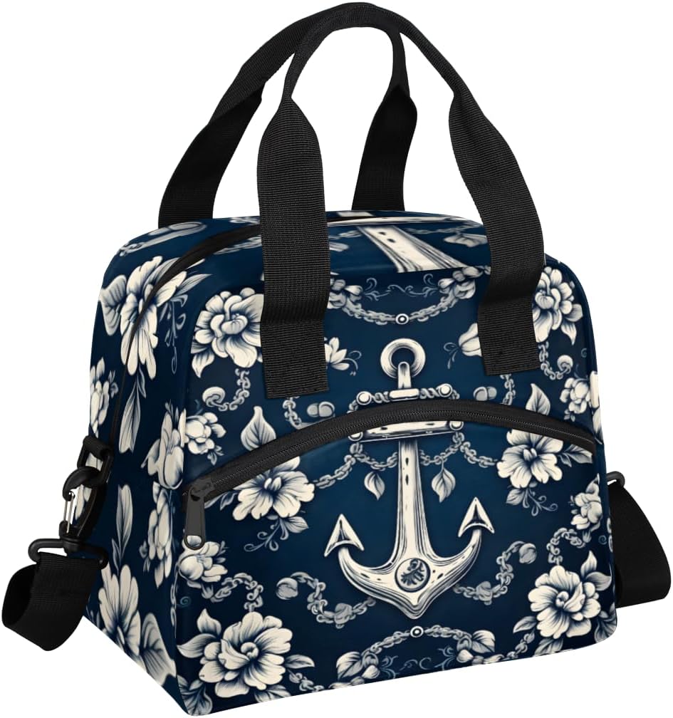 Navy Blue Anchor Insulated Lunch Bag for Women Men Adults Large Reusable Lunch Box Vintage Nautical Coastal Leakproof Cooler Tote Bags with Adjustable Shoulder Strap