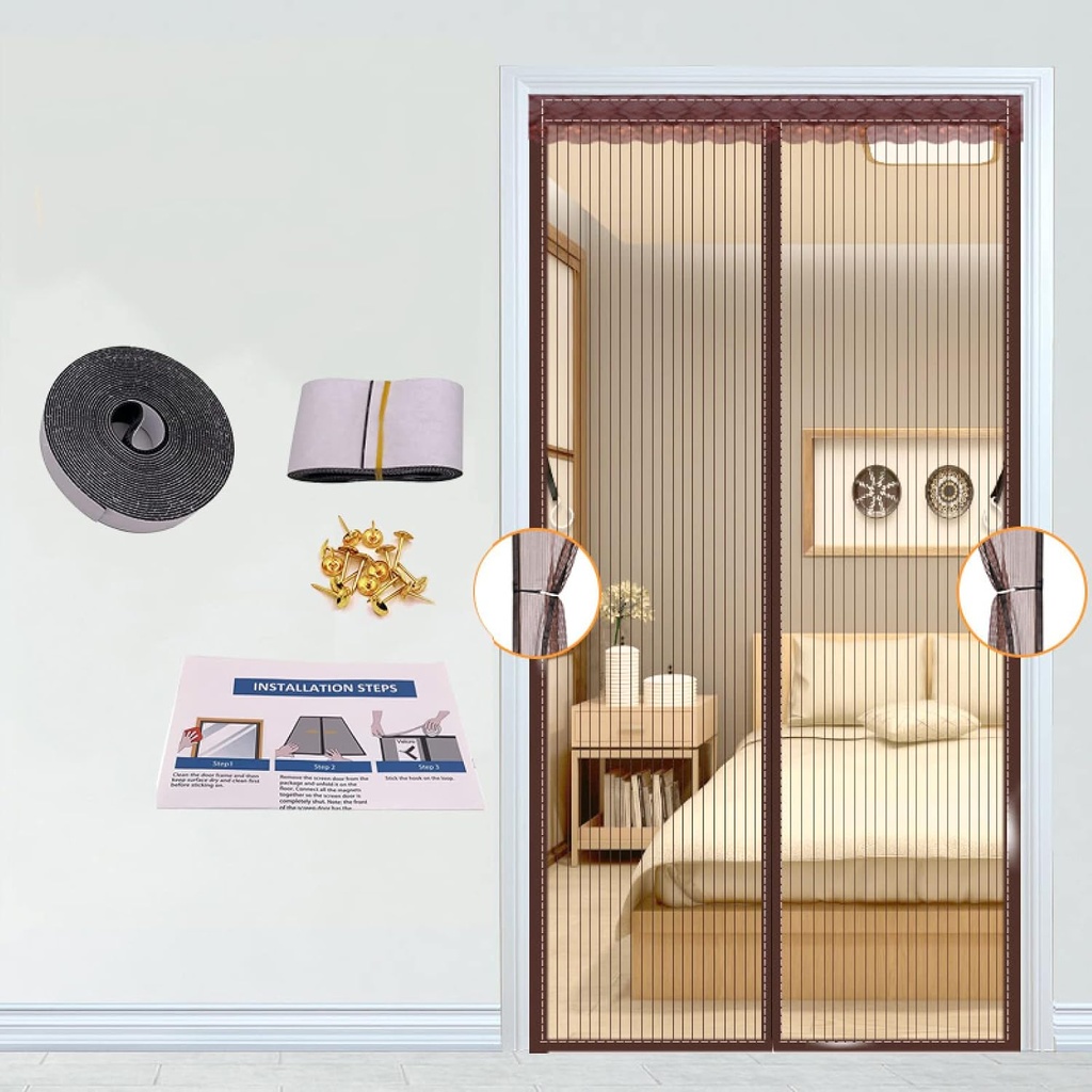 Magnetic Screen Door 47x92 inches Polyester Curtain mesh for patios and Sliding doorways 18 Magnets for Automatic adsorption, Good Wind Resistance, Various Sizes,Brown