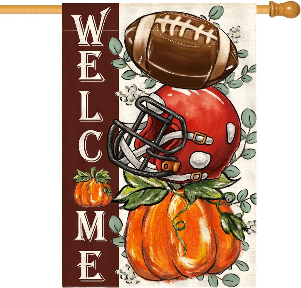 AVOIN colorlife Fall Football House Flag 28x40 Inch Double Sided Outside, Welcome Autumn Pumpkin Seasonal Yard Outdoor Flag Red