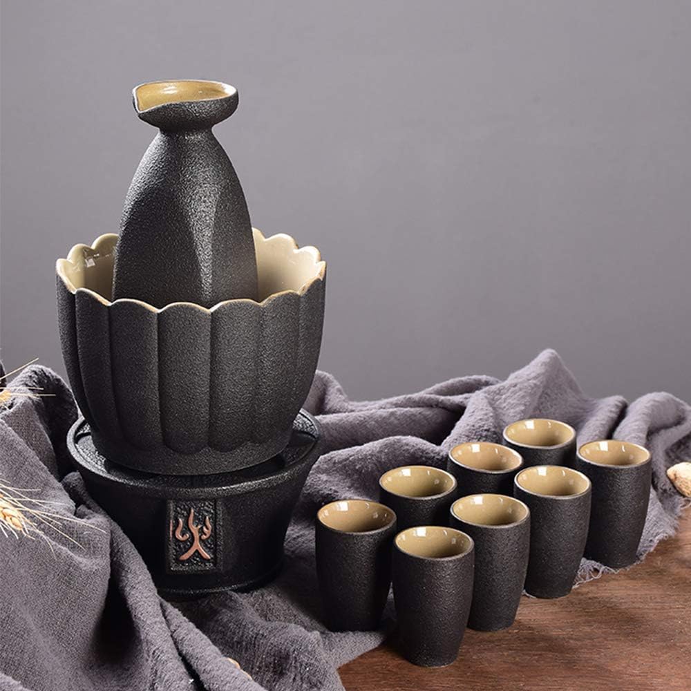 9 Piece Japanese Sake Set, Black Glaze Wine Glasses Set with Warmer Pot and Candle Stove, Quaint Texture, for Warm/Cold Sake Service Best Gift for Family and Friends
