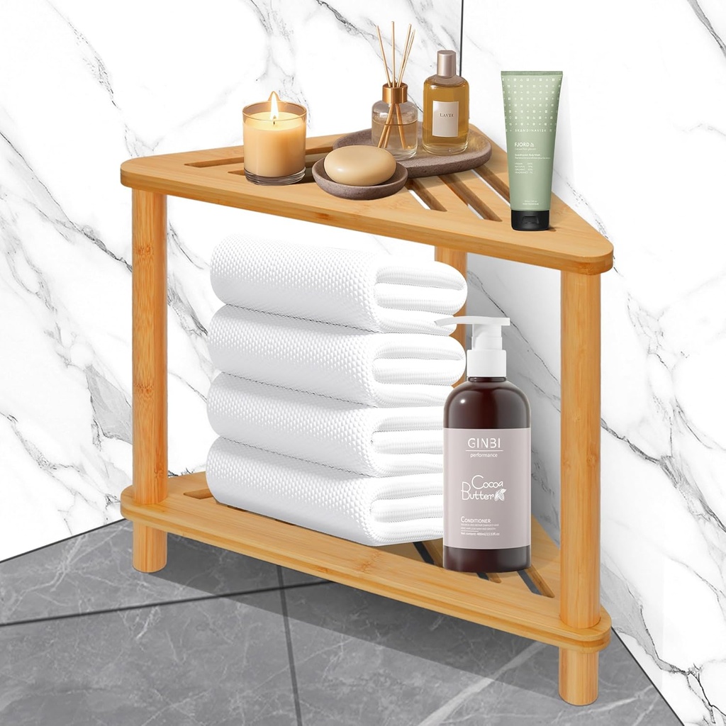 Bamboo Corner Shower Stool for Inside Shower Shaving Legs, Waterproof Bathroom Bench Seat with Storage Shelf for Small Spaces, Foot Rest, Bath Seat