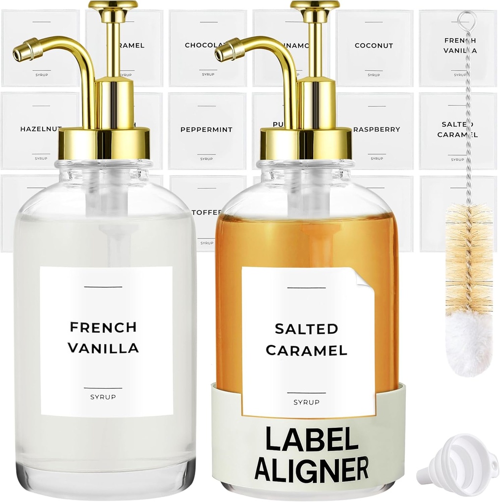 Coffee Syrup Dispenser with Pump - Includes 24 Flavor Labels - Glass Syrup Dispenser for Coffee Bar - Elevate your Beverage Station with 16.9 fl oz Flavoring Container Bottles, 2pcs, Gold