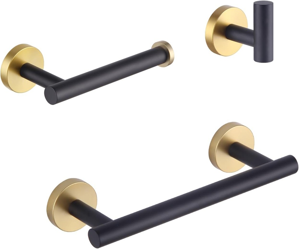 GERZWY Bathroom 3-Pieces Hardware Accessories Sets (Coat Hook 12-Inch Towel Bar Toilet Paper Holder) SUS 304 Stainless Steel (Black & Gold) AG111C(30.5) 7B5B-3BD