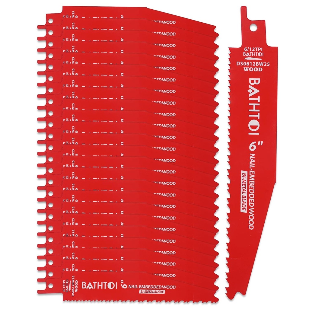 25 Pack 6 Inch 6/12 Tpi Reciprocating Saw Blades for Wood and Nail-Embedded Wood Cutting, Bi-Metal Sawzall Blades with 8% Cobalt for Longer Life and Faster Cutting Speed