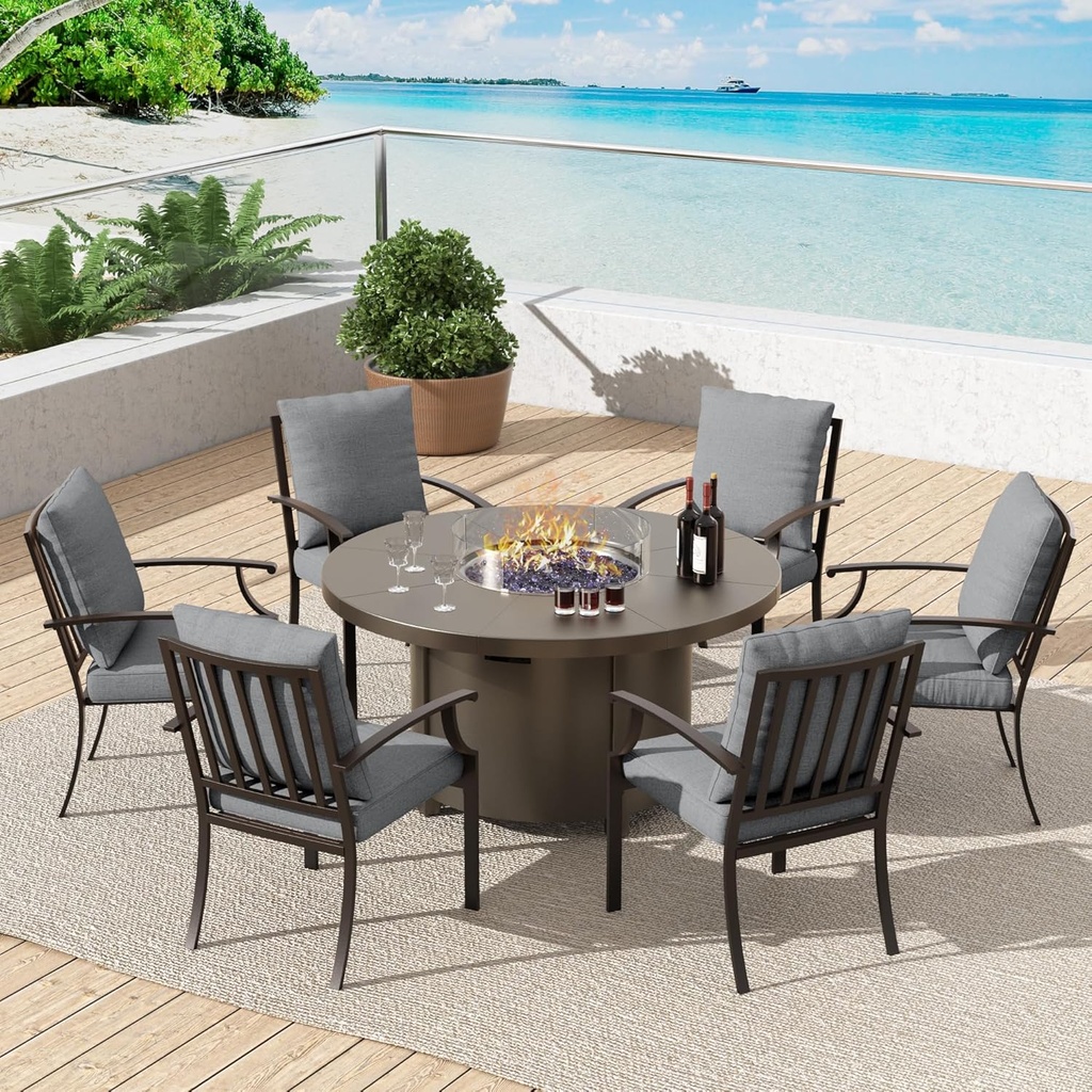 7 Pcs Outdoor Patio Furniture Set with 48"/55000 BTU Outdoor Round Propane Fire Pit Table,Patio Conversation Sets 6 Fixed Chairs No-Slip Cushions and Waterproof Covers,Grey