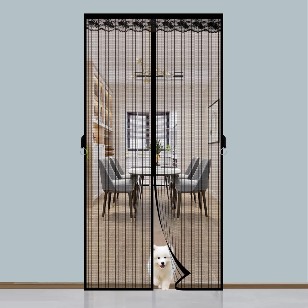 Magnetic Screen 61" x 72" Mesh Screen Door with Full Frame Hook&Loop Add-On Magnets and Weight Bars, Fits Door Size 59" x 70", Black Striped