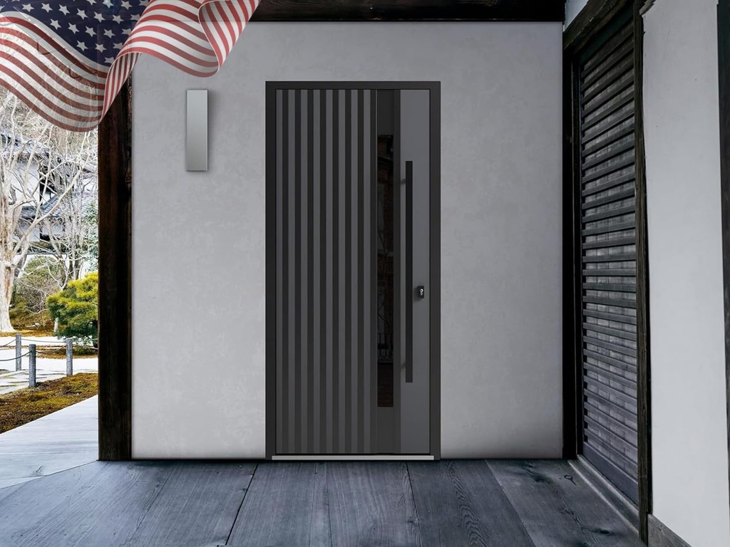 VDOMDOORS Front Exterior Prehung Steel Door/Ronex 0144 Grey/Entry Metal Modern Painted W36 x H80 Left Hand Inswing