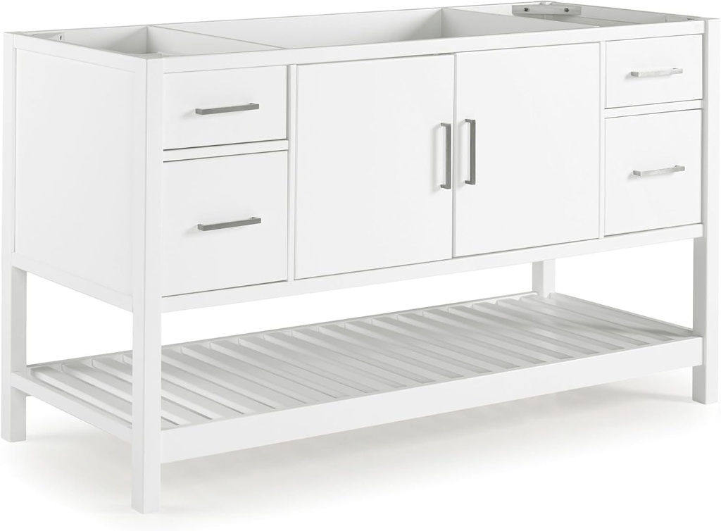 Alaterre Furniture Harrison 60" Bathroom Vanity Cabinet Base – Solid Pine Wood Freestanding Vanity with Soft-Close Drawers, Nickel Hardware and Adjustable Levelers – No Top Included (White)