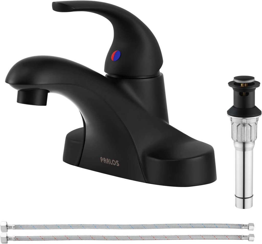 PARLOS Single Handle Mid Arc Centerset Bathroom Sink Faucet with Metal Drain Assembly and cUPC Faucet Supply Lines
