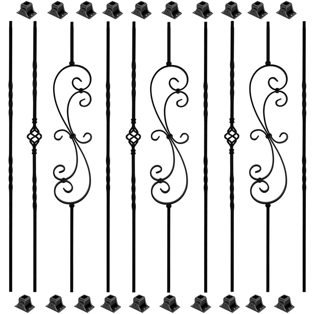 10 Pack Wrought Iron Balusters, 1/2" x 44" Balusters for Staircase Interior, Decorative Metal Stair Spindles with 20 Fixed Swivel Shoes, Satin Black