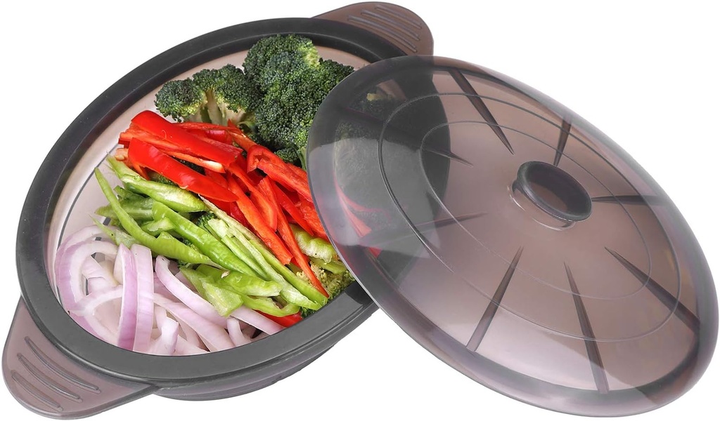Microwave Steamer Cooker Collapsible Bowl-Silicone Steamer Cookware with Handle Lid for Vegetables Fish Prep Meal Food with Removable Rack BPA Free, Easy to Store, Freezer & Dishwasher Safe, Large