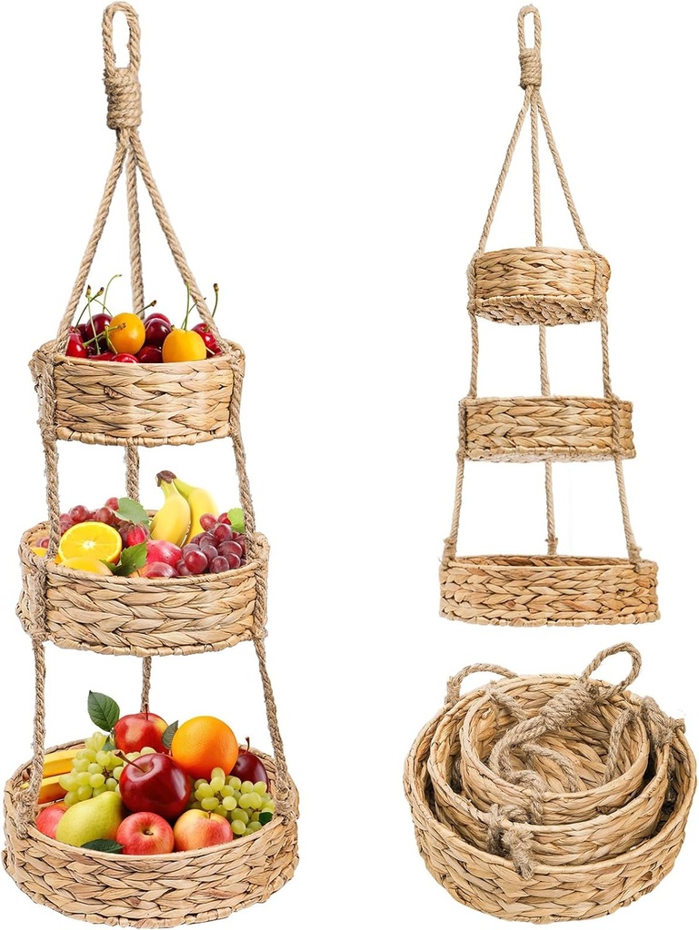 3 Tier Hanging Fruit Basket, Natural Vegetable Storage Basket, Wall Mount Round Water Hyacinth Produce Organizer for Kitchen, Living Room, Bathroom, Nursery